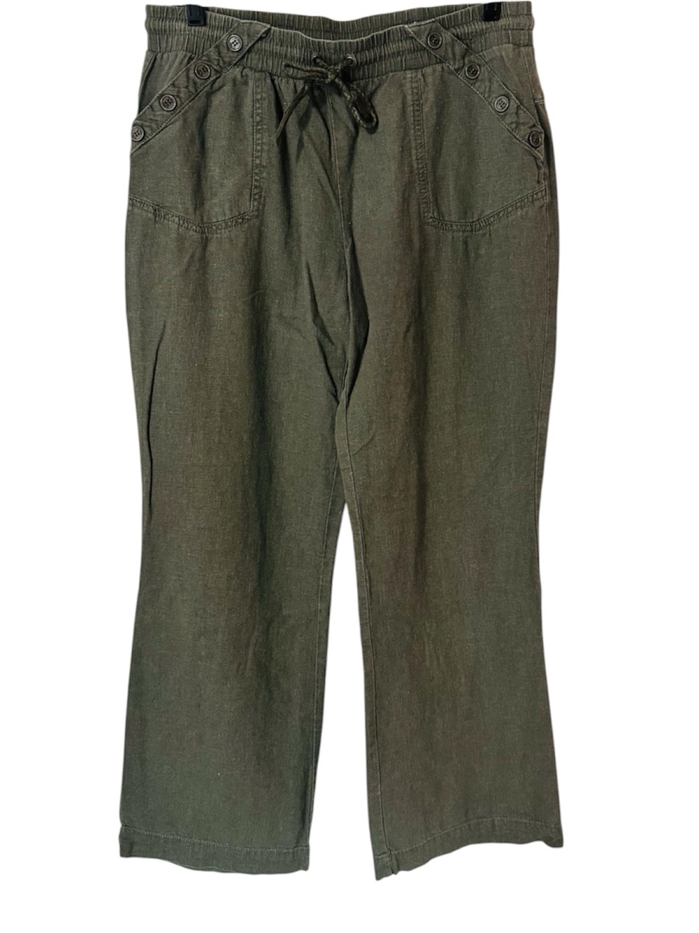 CI SONO Pants Linen Pockets Elastic Drawstring Waist Button Accents Women’s